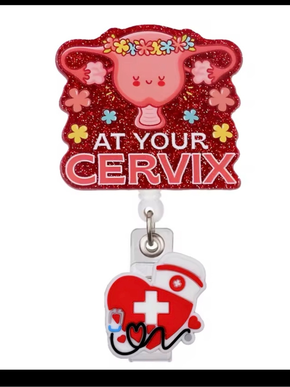 At Your Cervix Glitter Badge Reel - Red & Pink